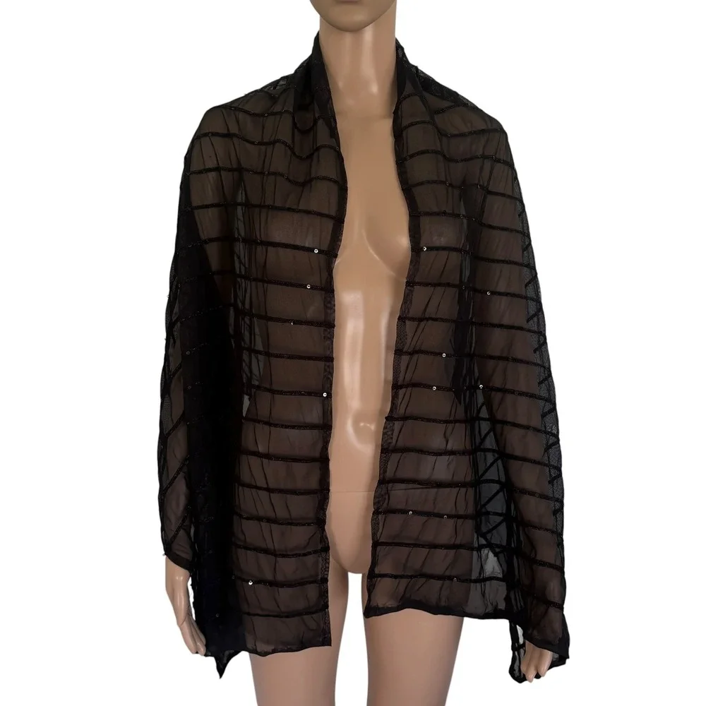 Gothic Black Sheer Mesh Sequin Striped Evening Wrap Shawl Scarf Formal Fairy
